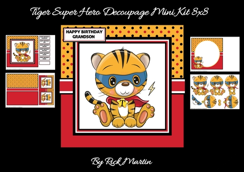 8x8 Tiger Super Hero Decoupage Mini Kit - x4 A4 sheets 