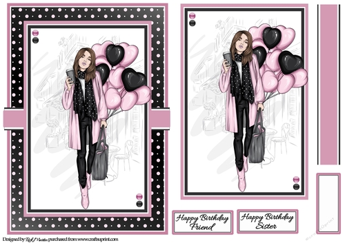 A5 Lady with Pink Balloons Card Front Topper & Sentiments 