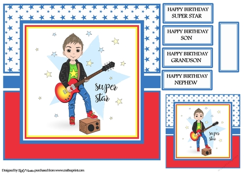 8x8 Super Star Guitar Boy Card Front Tag & Sentiments 