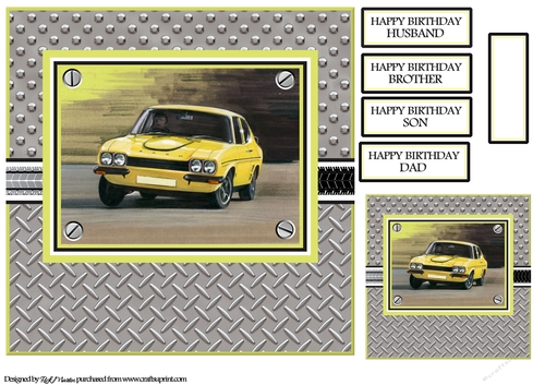 8X8 Yellow Sports Car Card Front, Tag & Sentiments 