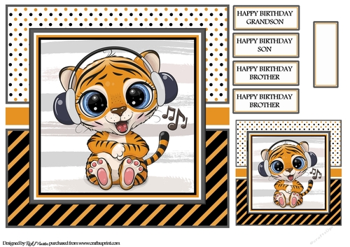 8X8 Tiger with Headphones Card Front, Tag & Sentiments 