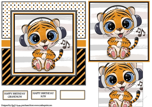 7x7 Tiger with Headphones Card Front, Tag & Sentiments 