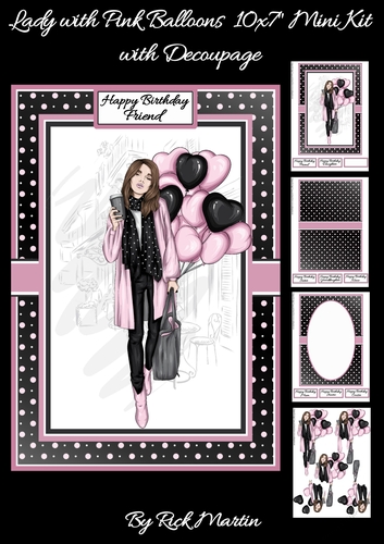 10x7 Lady with Pink Balloons Decoupage Mini Kit - x4 A4 Sheets 