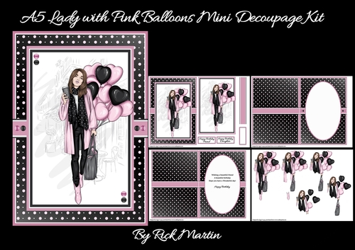 A5 Lady with Pink Balloons Decoupage Mini Kit - x4 A4 Sheets 