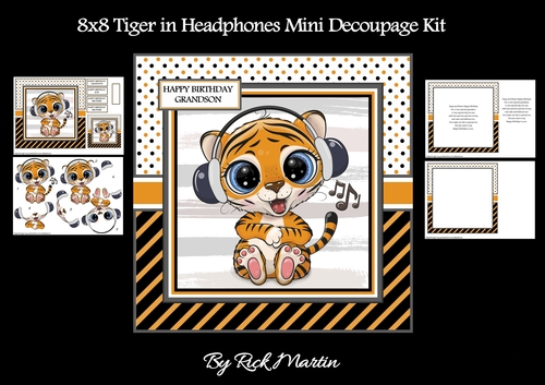 8x8 Tiger with Headphones Mini Decoupage Kit - x4 A4 sheets 