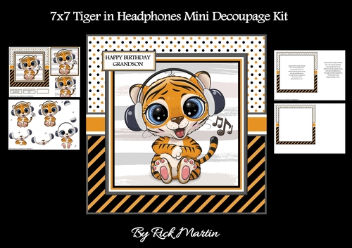 7x7 Tiger with Headphones Mini Decoupage Kit - x4 A4 sheets 