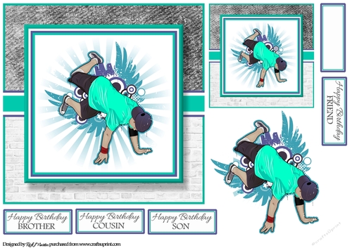 7x7 Break dancing Card Front Tag, Decoupage layer & sentiments