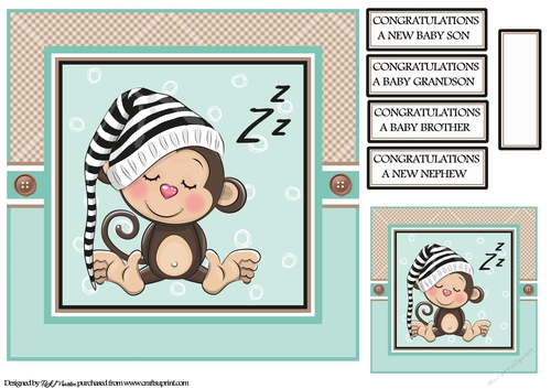 8x8 Little Sleepy Monkey Card Front Gift Tag & SEntiments 