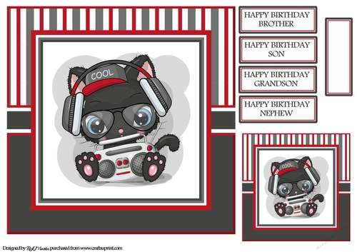8x8 Hip Hop Cool Cat Card Front, Gift Tag & Sentiments 