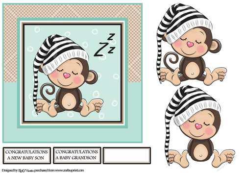 7X7 Little Sleepy Monkey Card Front with Decoupage & Sentiments 