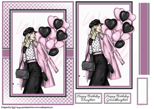 A5 Lady with Purple Balloons Card Front, Ribbon, Topper & Sentiments 