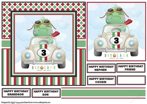 7X7 Enjoy the ride Dinosaur Card Front, Topper, Ribbon & Sentiments 