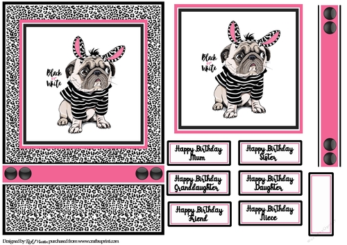 A5 Black or White Pug Card Front, Topper, Ribbon & Sentiments