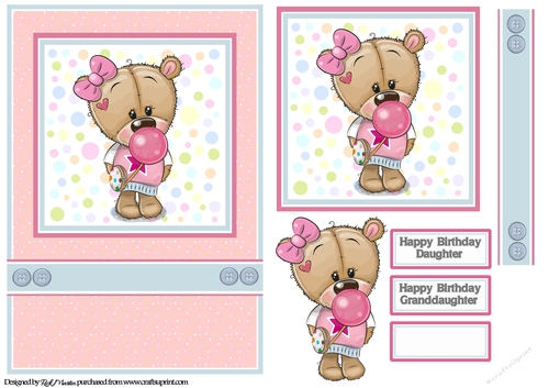 A5 Bubblegum Bessie Card Front, Topper, Decoupage Layer, Ribbon & Sentiments 