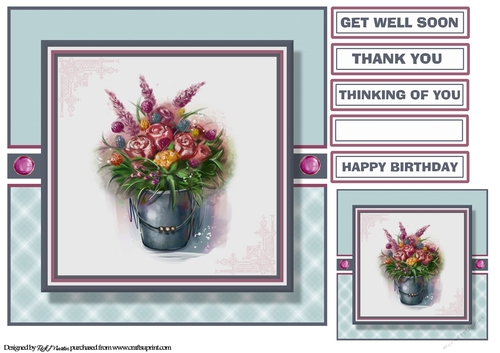 8X8 Bucket of Flowers Card Front, Tag & Sentiments 