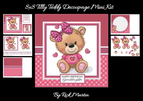 8x8 Tilly Teddy Decoupage Mini Kit - x5 A5 sheets 