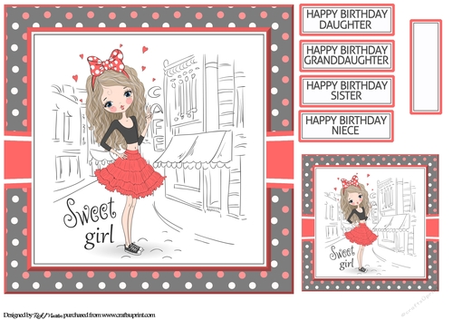 8x8 Sweet Girl Card Front, Tag & Sentiments 