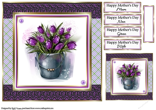 8x8 Purple Tulips Card Front, Tag & Sentiments 