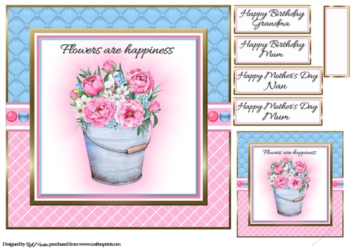 8x8 Flowers are Happiness Card Front, Tag & Sentiments 
