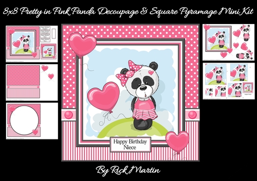 8x8 Pretty in Pink Panda Decoupage & Square Pyramage Mini Kit - x5 A4 sheets 