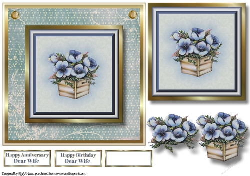 7x7 Blue Box Flowers Card Front Topper and decoupage with sentiments 