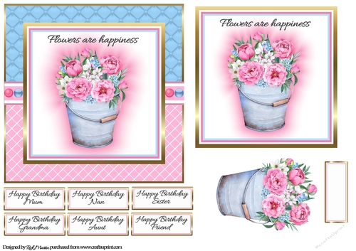 6x6 Flowers are Happiness Card Front Topper and decoupage with sentiments 