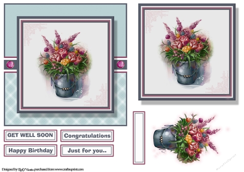 6X6 Bucket of Flowers Card Front, Topper, Decoupage & Sentiments 