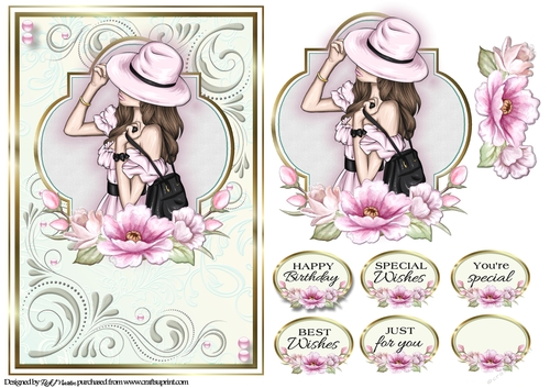 A5 Such a pretty Lady Card Front, Topper, Decoupage and sentiments 
