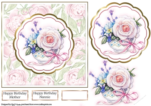 7x7 Pretty Pink Peonies Card Front with Scalloped Topper and decoupage with Sentiments 