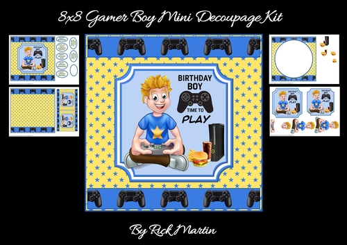 8x8 Gamer Boy Mini Decoupage Kit - x4 A4 sheets 