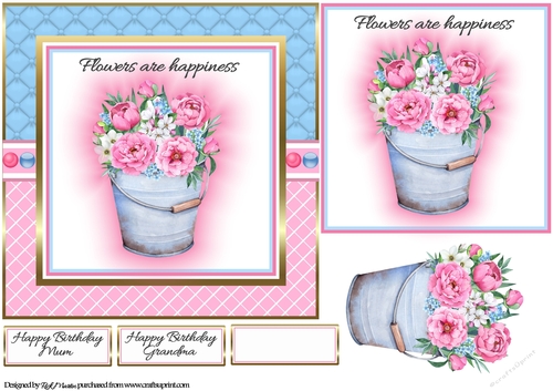 7x7 Flowers are happiness Card Front, Topper, Decoupage and Sentiments 