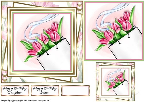 7x7 Beautiful Pink Tulips Card Front, Topper, Gift Tag and Sentiments 