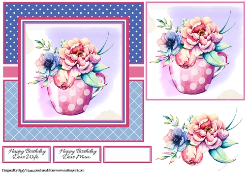7x7 Cup of Flowers Card Front, Topper, Decoupage and Sentiments 