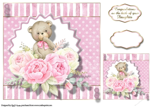 8x8 Pink Teddy Card Front, Tag & Sentiment 