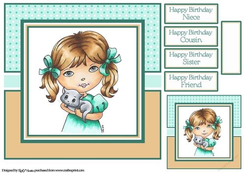 8x8 Little girl with Kitty Front, Gift Tag & Sentiments  