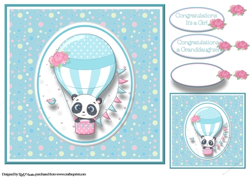 8x8 Panda flying high in his balloon Card Front, Gift Tag & Sentiments 