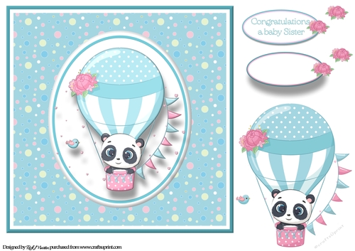 8x8 Panda flying high in his balloon Card Front, Decoupage & Sentiments 