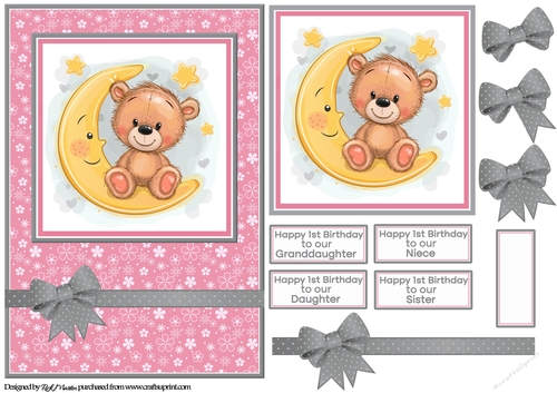 A5 Teddys 1st Birthday (Girl) Card Front, Topper and Decoupage with sentiments 