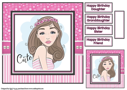 8x8 Teenage Cutie Card Front, Tag & Sentiments 