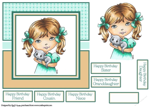 7x7 Little Girl with Kitty Card Front, Topper and sentiments 