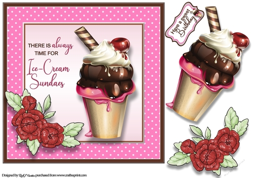8x8 Mmmm Ice-Cream Sundaes Card Front, Decoupage Layer & Sentiment