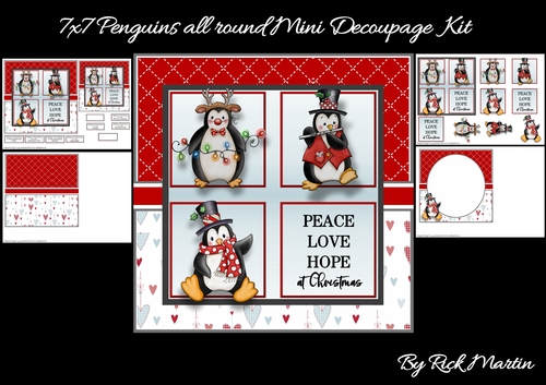 7x7 Penguins all around Mini Decoupage Kit - x4 A4 Sheets 