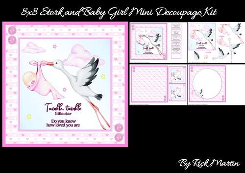 8x8 Stork & Baby Girl Mini Decoupage Kit - x4 A4 sheets 