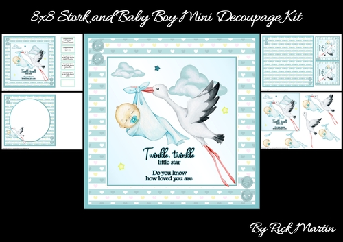 8x8 Stork & Baby Boy Mini Decoupage Kit - x4 A4 sheets 