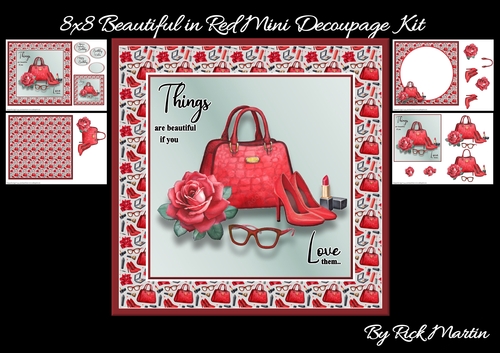 8x8 Beautiful in Red Mini Decoupage Kit - x4 A4 Sheets 