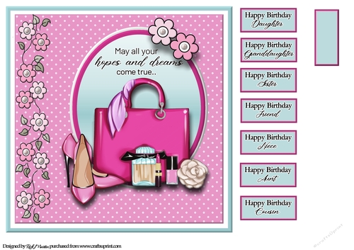 8x8 Pink Passion Handbag Card Front with Sentiments 