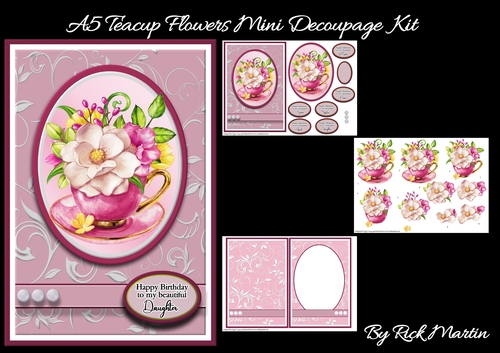 A5 Teacup Flowers Mini Decoupage Kit - x3 A4 Sheets 