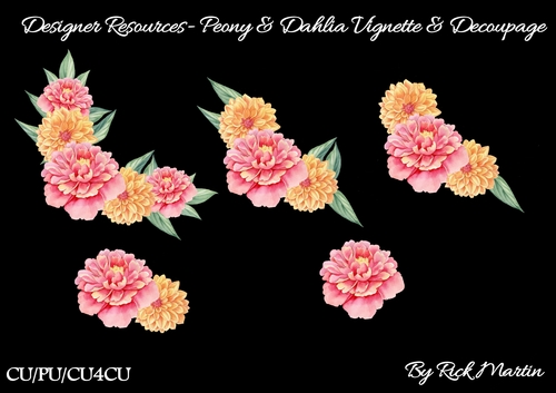 Peony & Dahlia Vignette CU / CU4CU / PU with Decoupage Layers