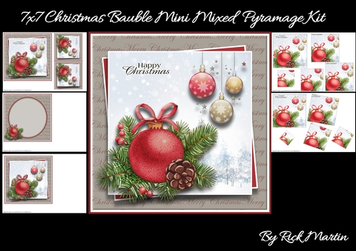 7x7 Christmas Bauble Mini Mixed Pyramage Kit - x5 A4 Sheets 