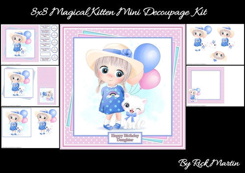 8x8 Magical Kitten Mini Decoupage Kit - x5 A4 Sheets 